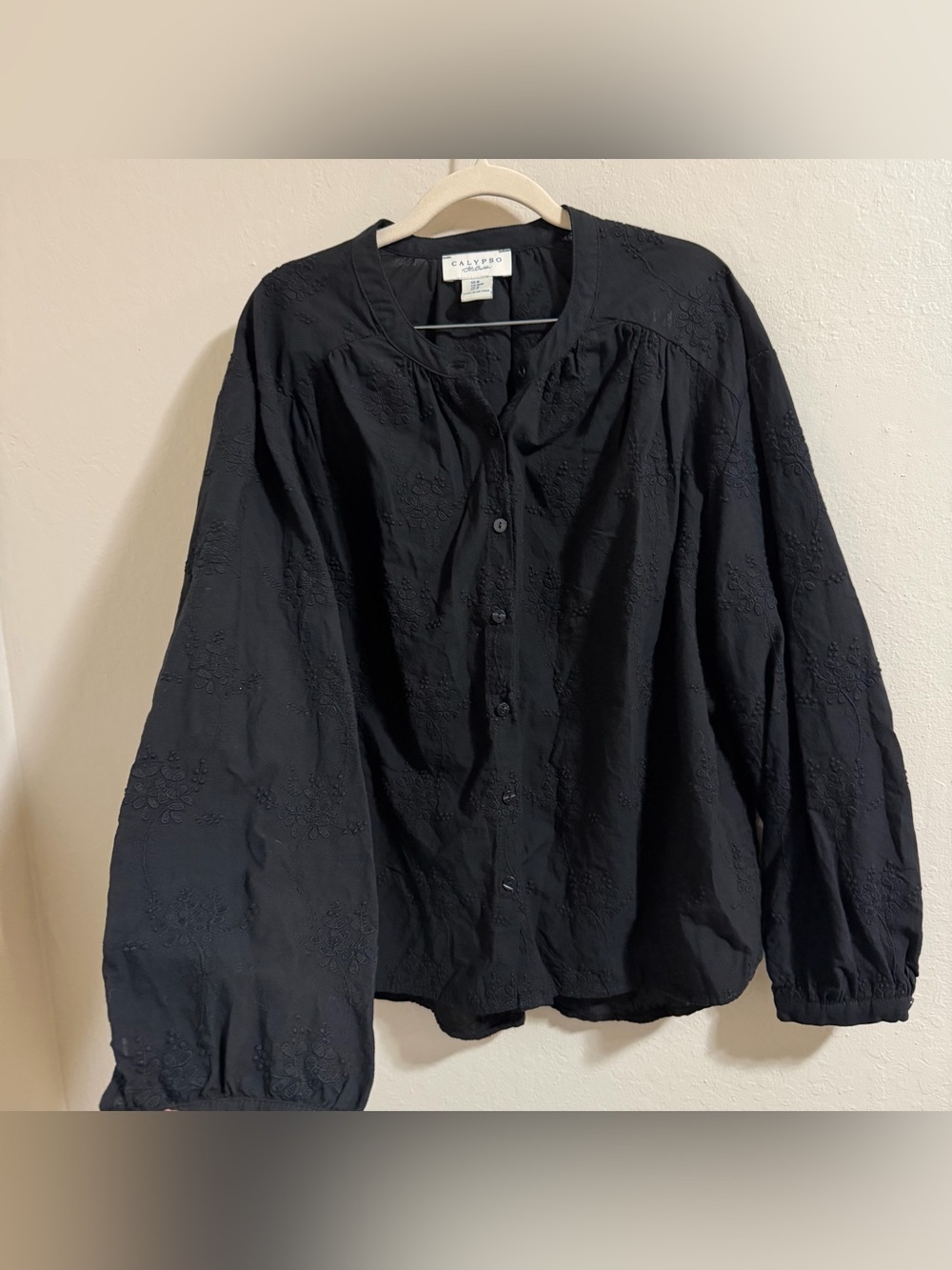 Calypso St.‎ Barth Black Floral Embroidered Puff Sleeve Cotton Blouse Size M - Picture 5 of 8